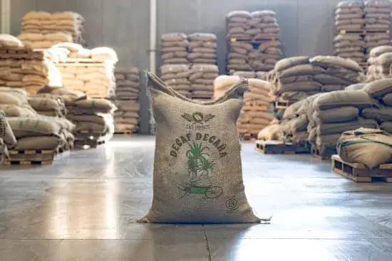 Burlap bag with branding in a warehouse setting
