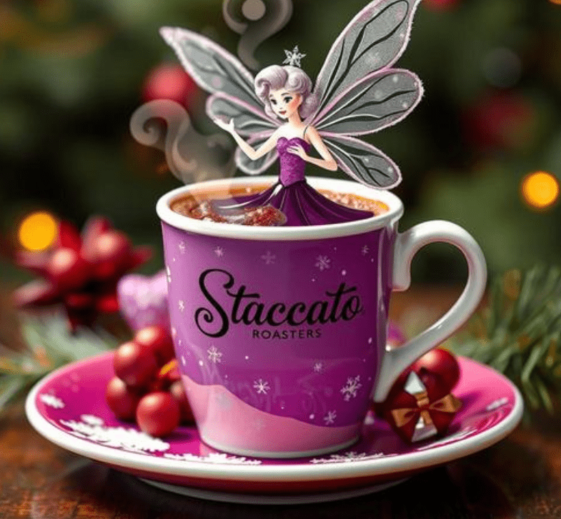Image of Sugar Plum holiday coffee by Staccato Roasters, with a sugar plum fairy flying above a festive purple coffee cup.